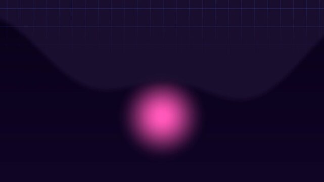 Glowing pink orb pulses over wavy mountains and grid pattern