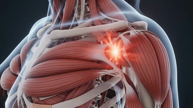 Detailed 3D medical illustration showcasing the muscular structure and skeletal components of the human shoulder, with a focal point of inflammation indicated by a bright red glow.