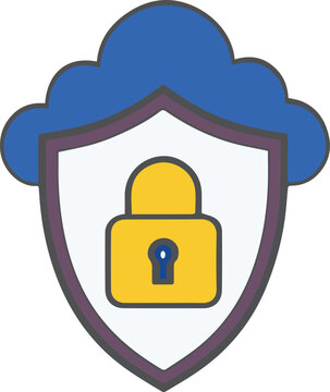 Modern cloud data security concept with shield and padlock icon. Cyber protection, secure cloud storage, data privacy and network safety flat vector illustration isolated on white background.