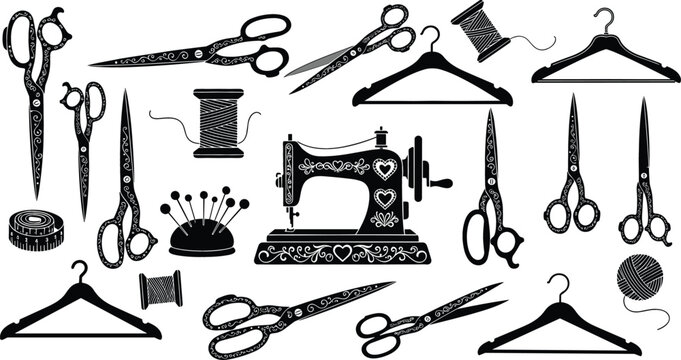 Vintage sewing machine and tailoring tool silhouettes featuring decorative scissors hangers thread and pincushion for dressmaking and craft hobby