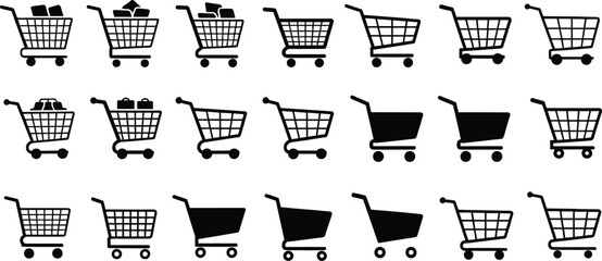 Shopping cart vector icons, retail silhouette set, ecommerce graphics, empty and filled carts design, online store illustration, consumer purchase symbol art © Farzana