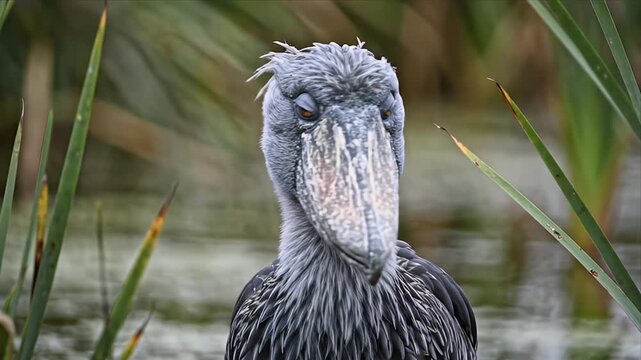 Detailed Shoebill Stork Portrait in Natural Habitat with Soft Lighting at Waterside: Wildlife and Birdwatching Concept