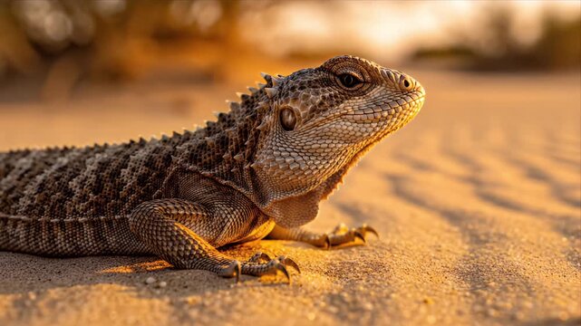 Eastern Water Dragon on Sand at Golden Hour in Australia Wildlife Portrait Scales Reptile Close Up Exotic Pet Wild