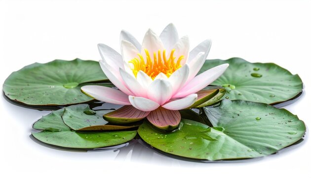 Elegant water lily blossom surrounded by vibrant green lily pads.
