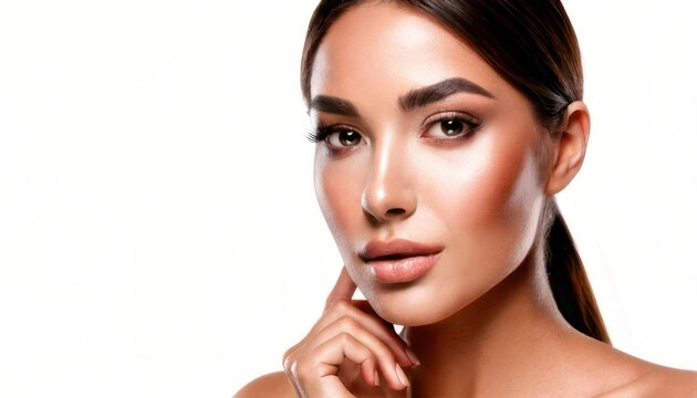 Elegant Woman with Flawless Makeup and Contoured Features Posing Gracefully.