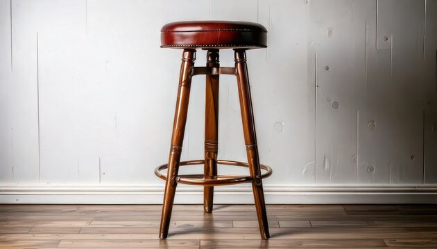 Elegant Wooden Bar Stool Against Textured Wall Backdrop.