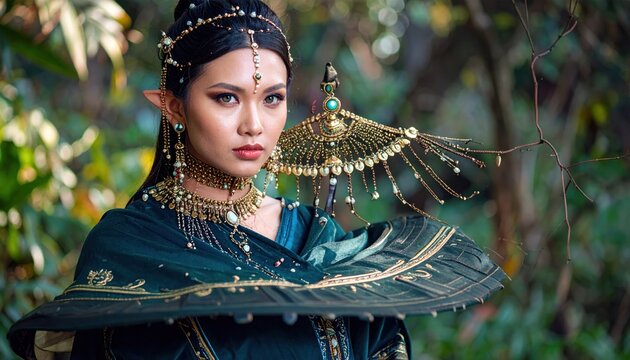 Enchanting Forest Nymph with Exotic Bird Companion in Lush Greenery.