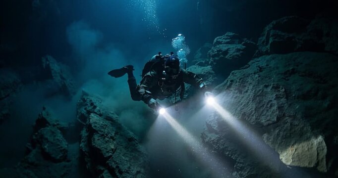 Underwater diver exploring cave system with artificial light