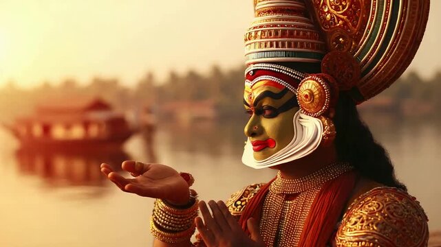 Traditional Kathakali Dancer Performing Ancient Indian Art Form by Kerala Backwaters at Sunset.