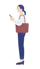 立ち止まってスマホを見るビジネスパーソン。地図アプリで目的地を確認する女性のイラスト素材。