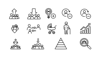Fototapeta premium Population Growth and Decline Line Icon Set – Demographic Trend Analysis Vector Collection