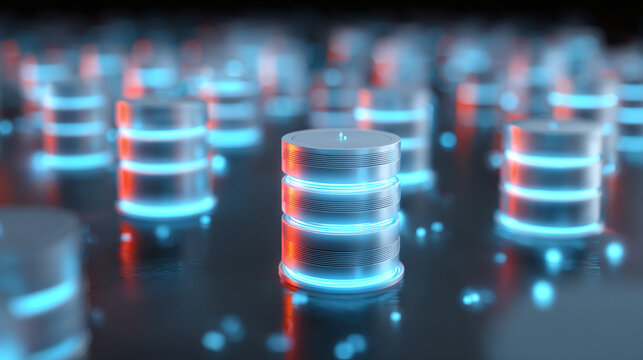 Glowing server data center racks, symbolizing information storage, cloud computing, and cybersecurity