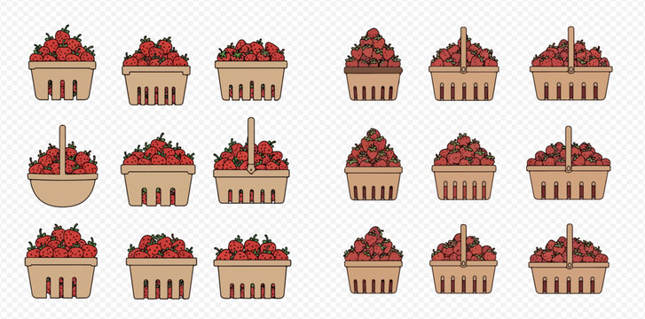 Collection of various baskets and punnets filled with fresh red strawberries, perfect for market and farm-fresh concepts.