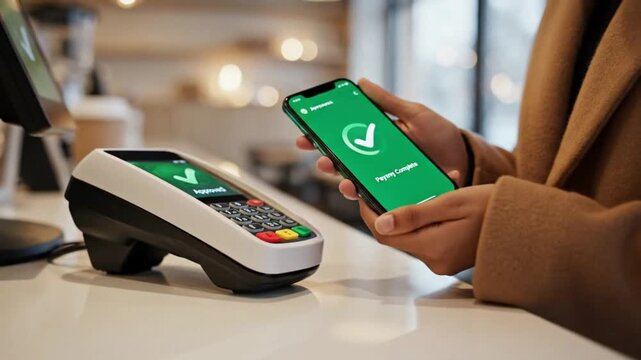 Customer uses a smartphone for a successful contactless payment at a POS terminal in a modern cafe, showcasing secure and convenient digital transac...