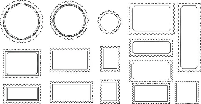 Collection of blank postage stamp frames with wavy edges in various rectangular and circular shapes for postal mail design isolated on white background