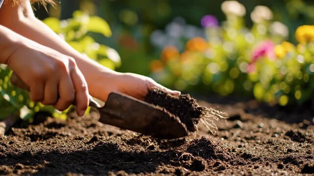 Gardening activities involving digging and soil preparation with a trowel or small shovel for cultivating plants outdoors using simple gardening techniques for beginners.