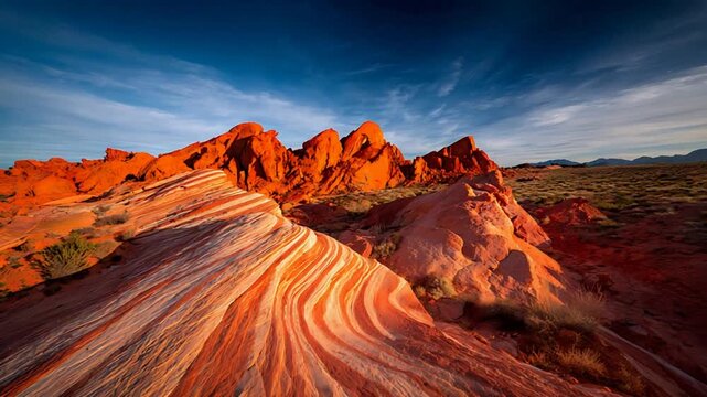 Striking desert landscape with vibrant red rock formations and patterned sandstone under a dramatic blue sky.