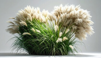 Lush Pampas Grass Bush with White Plumes on a Clean Background.