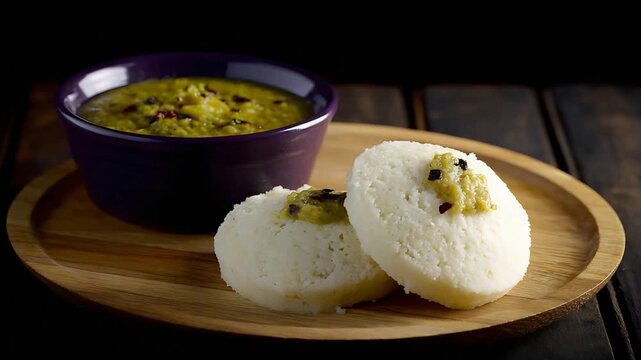 Delicious Steamed Idli Rice Cakes with Savory Green Chutney on a Rustic Wooden Plate.