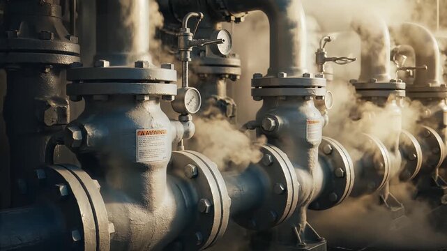 Industrial Steam Pipes and Valves Releasing Vapor in a Factory Setting.