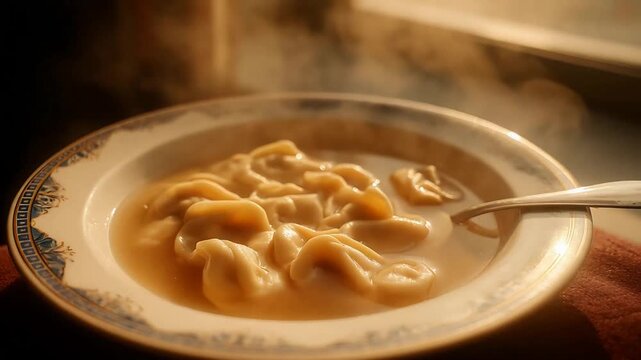 Warm and comforting, a close up of freshly cooked dumplings in clear savory soup.