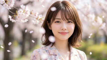 桜と笑顔の若い日本人女性