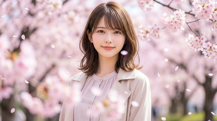 桜と笑顔の若い日本人女性