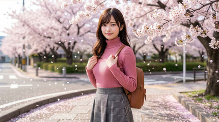 桜と笑顔の若い日本人女性