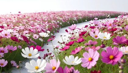 Vibrant Cosmos Flower Field with Winding Path on a Bright Day.