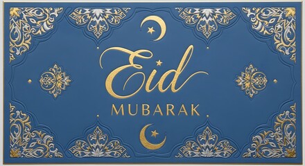 Elegant blue and gold Eid Mubarak greeting card with intricate Islamic patterns, crescent moon, and star motifs for festive celebrations.