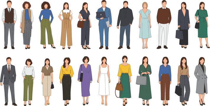 Flat vector illustration of diverse men and women in professional business casual and modern fashion attire for corporate character avatars