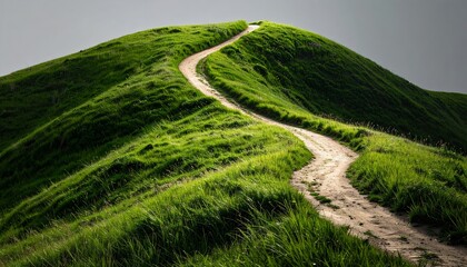 Winding Path Up a Lush Green Hill Under a Bright Sky.