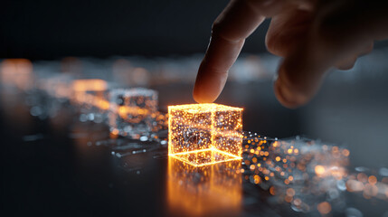 A finger touching a glowing, digital cube, symbolizing the intersection of technology and human interaction. The scene evokes innovation and futuristic concepts.