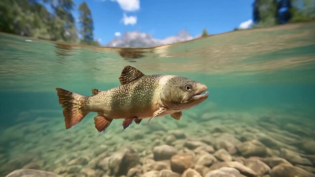 Graceful Speckled Trout Fish Swims in Pristine Clear Mountain River Water Split View.