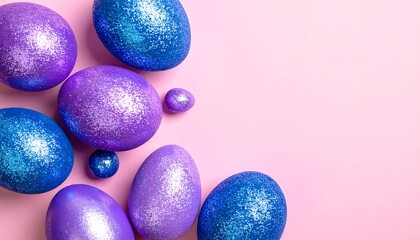 A pink background with a cluster of shiny purple and blue Easter eggs