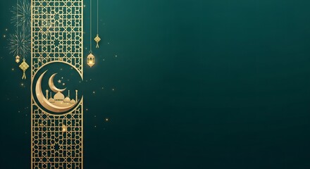 A dark green background with a gold geometric patterned strip featuring a crescent moon and star design, surrounded by hanging lanterns and decorative elements, conveying a festive eid or