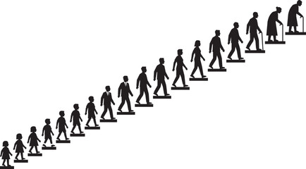 Naklejka premium Human life stages silhouette timeline, childhood adulthood aging progression walking on steps isolated background