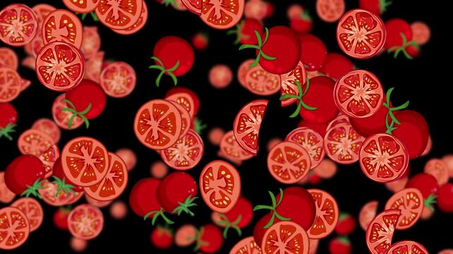 Endless Rain of Whole and Sliced Tomatoes on Black