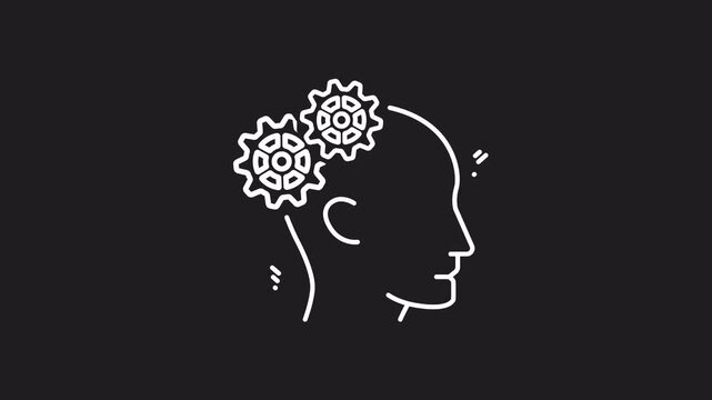Cognition white line icon animation. Cognition line icon featuring a head with a clock and gear inside, suitable for technology or time management concepts. Animated outline icon