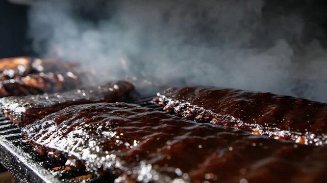 Succulent Barbecue Ribs Grilling on a Hot Smoker with Smoky Flavor.