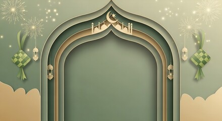 A festive illustration of an ornate green archway with gold accents, decorated for Eid al-Fitr or Ramadan with a night sky background and floral motifs, conveying a celebratory mood.