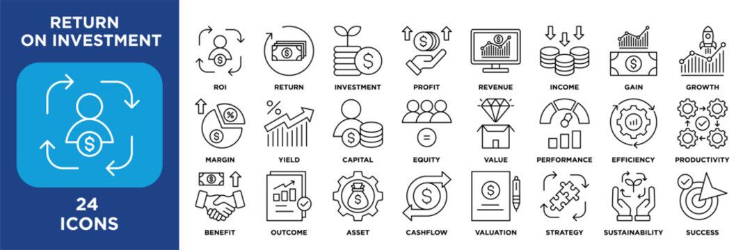 return on investment icon set featuring ROI, return, investment, income, growth, margin, yield, capital, value and performance. vector outline