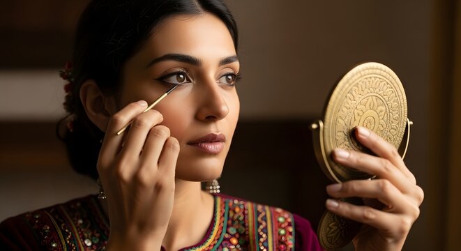 A beautiful South Asian woman meticulously applies traditional kohl eyeliner while holding an ornate brass mirror, focusing intently on her reflection.