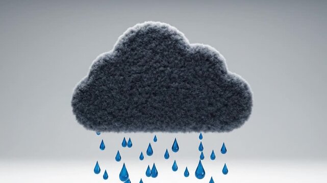 A fluffy gray cloud with a lightning strike is raining stylized, shiny blue water droplets