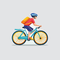 Obraz premium Delivery cyclist rides bicycle with backpack on road for work.