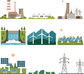 Fototapeta premium Energy Power Plants Vector Set Nuclear, Solar, Wind, Hydro, and Gas Infrastructure