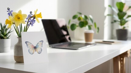 Bright modern home office desk with laptop, spring flowers, and a butterfly card for remote work and mental wellness concept