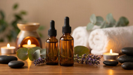 Amber essential oil dropper bottles with lavender, eucalyptus, hot stones, and candles for a luxurious spa and natural wellness concept