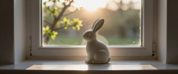 White ceramic bunny figurine on a windowsill illuminated by warm golden hour light with blurred spring greenery outside for Easter concept and tranquil home