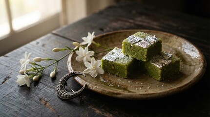 Traditional Indian green pistachio barfi with silver leaf on a rustic wooden table for festive celebration concept and gourmet indulgence